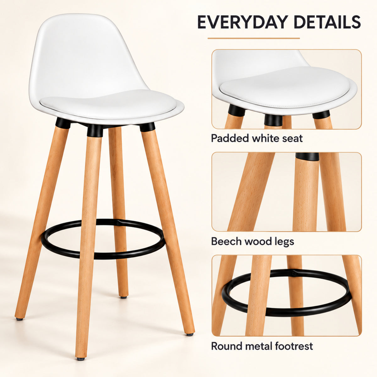 28.5-Inch White Bar Stools with Wood Legs, Set of 2