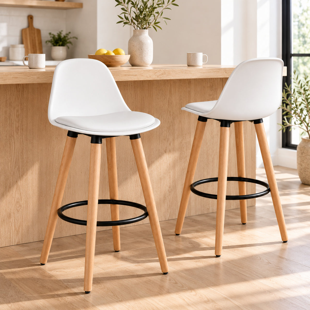 28.5-Inch White Bar Stools with Wood Legs, Set of 2