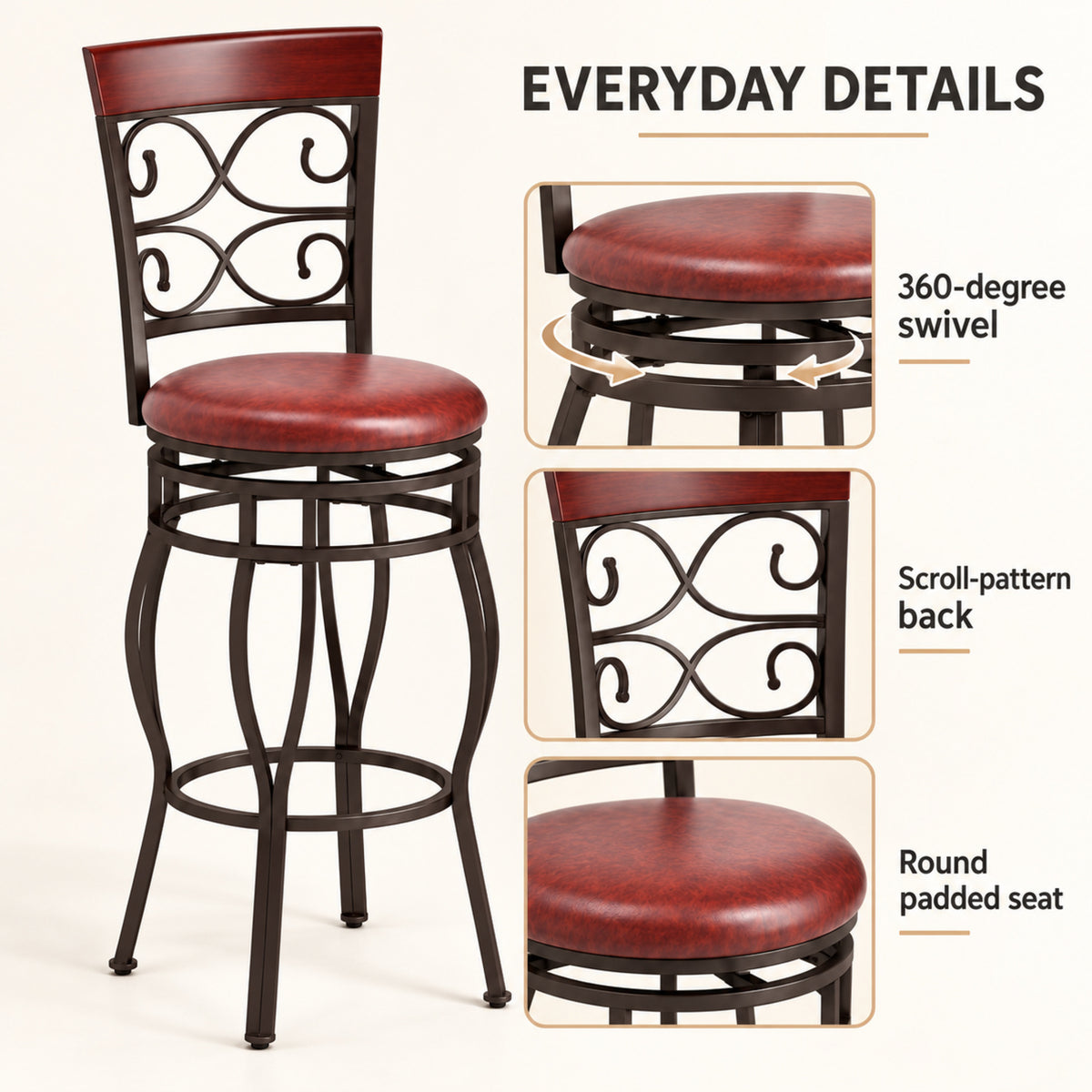 30-Inch Scroll-Back Swivel Bar Stools, Set of 2, Brown