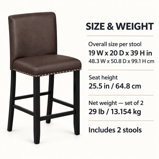 25.5-Inch Upholstered Counter Stools, Set of 2, Brown