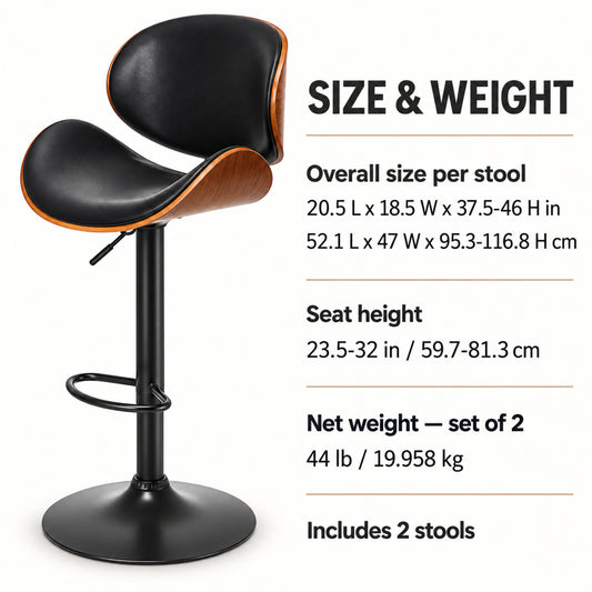 Adjustable Swivel Bar Stools with Curved Shell, Set of 2