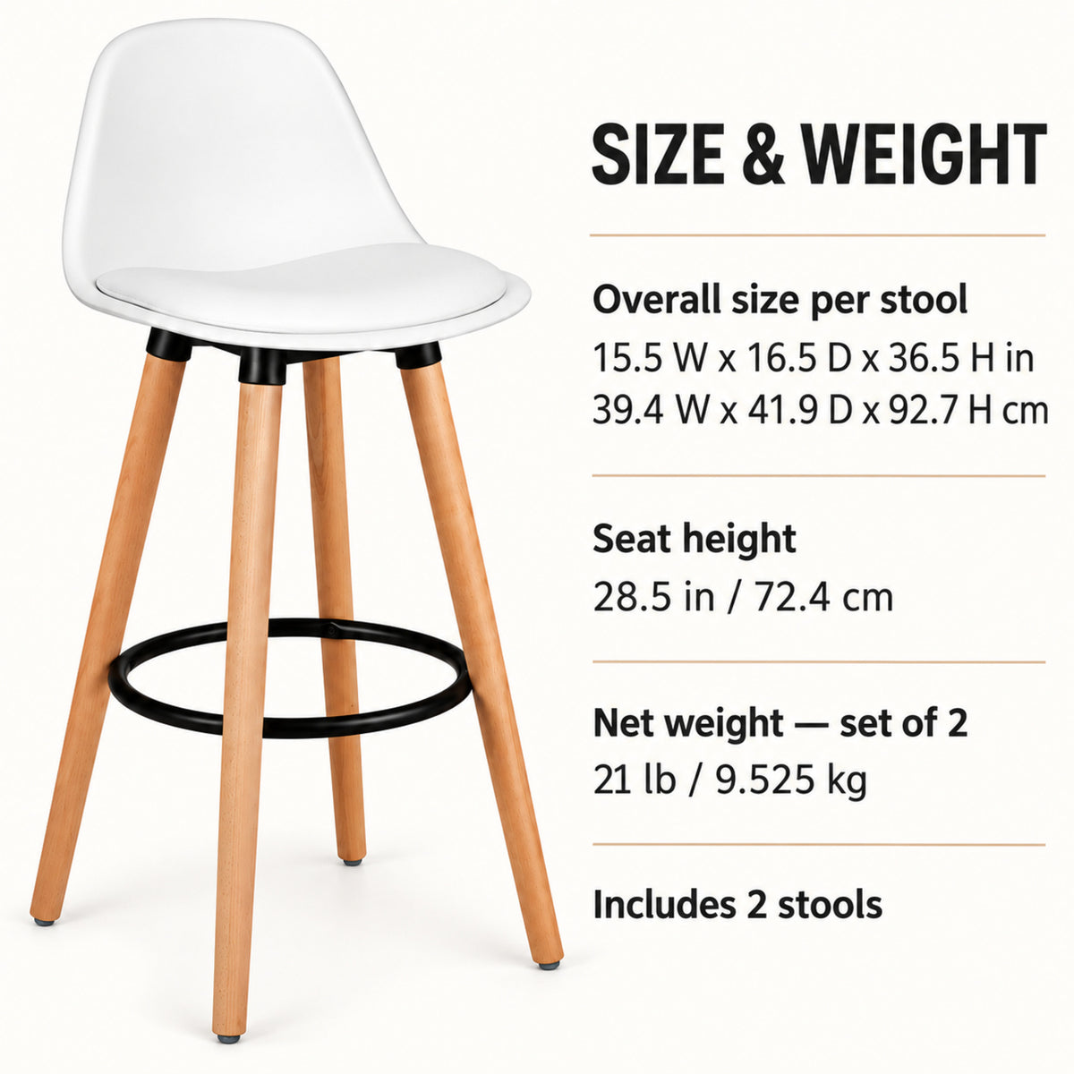 28.5-Inch White Bar Stools with Wood Legs, Set of 2