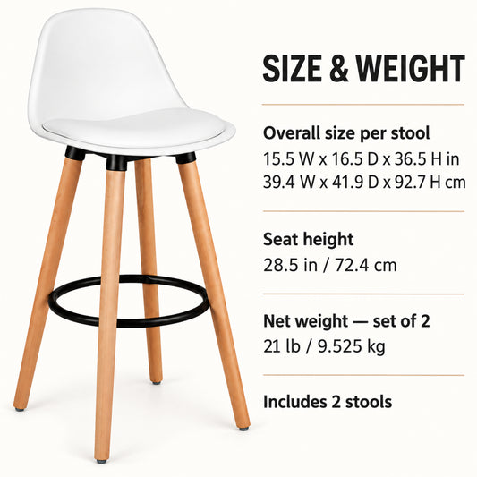 28.5-Inch White Bar Stools with Wood Legs, Set of 2