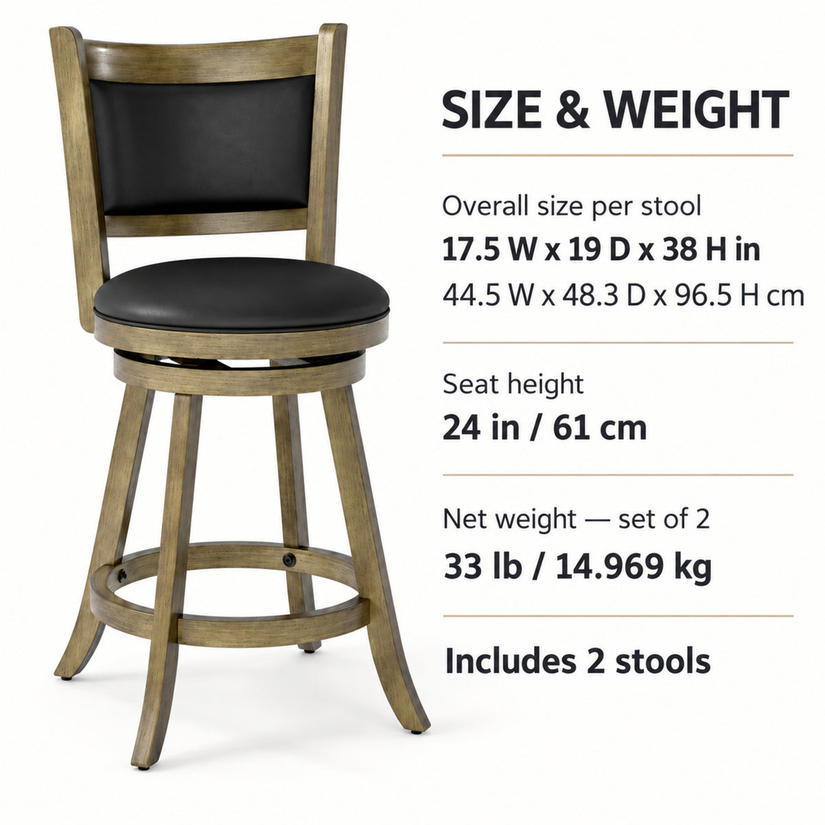 24-Inch Wood Swivel Counter Stools, Set of 2, Gray and Black
