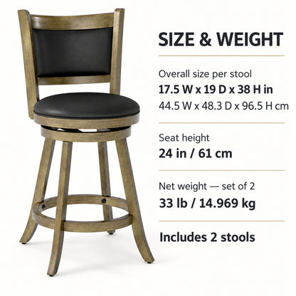 24-Inch Wood Swivel Counter Stools, Set of 2, Gray and Black