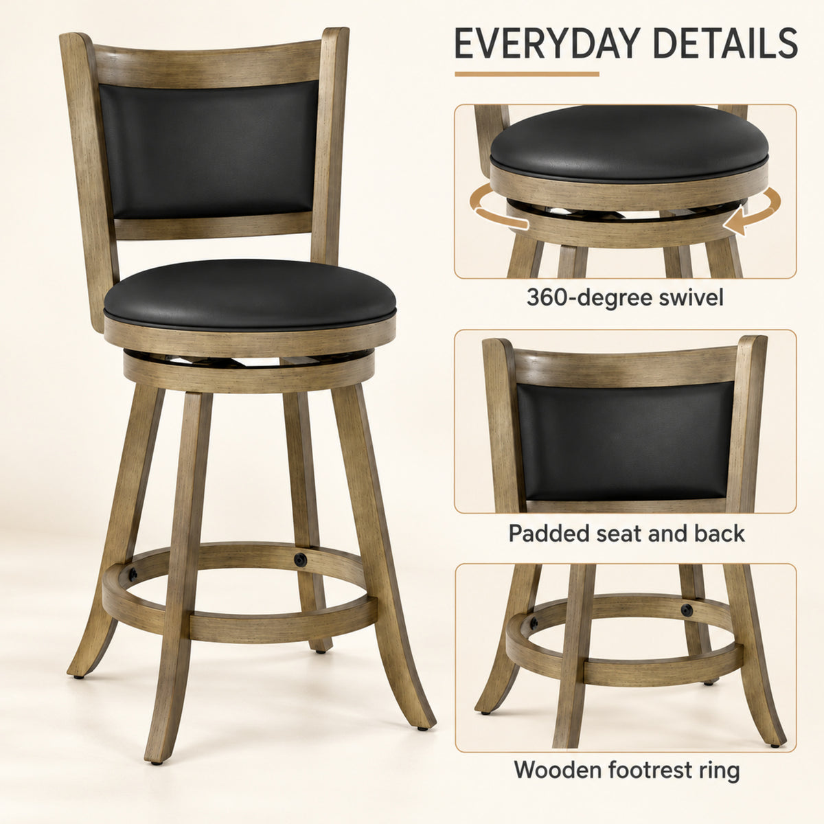 24-Inch Wood Swivel Counter Stools, Set of 2, Gray and Black