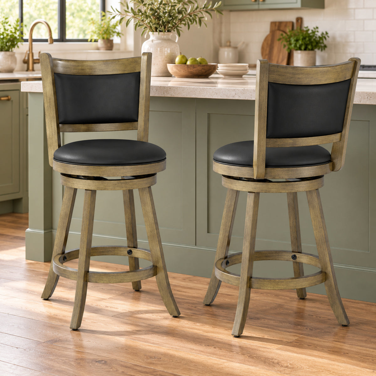 24-Inch Wood Swivel Counter Stools, Set of 2, Gray and Black
