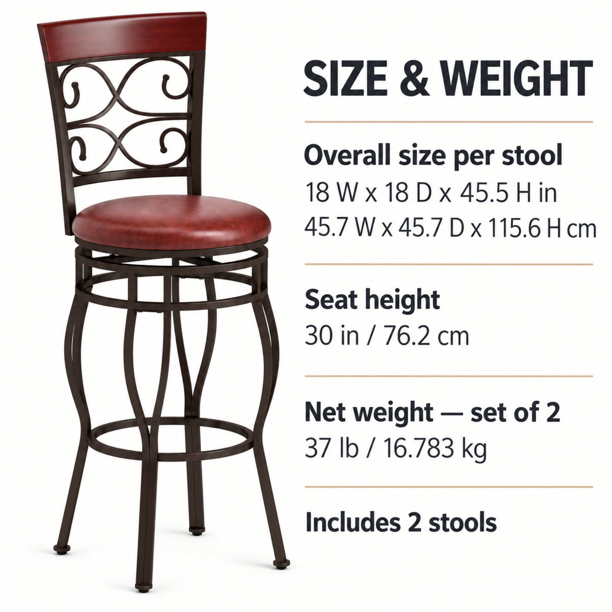 30-Inch Scroll-Back Swivel Bar Stools, Set of 2, Brown
