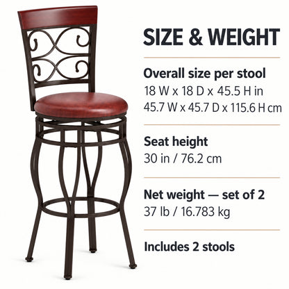 30-Inch Scroll-Back Swivel Bar Stools, Set of 2, Brown