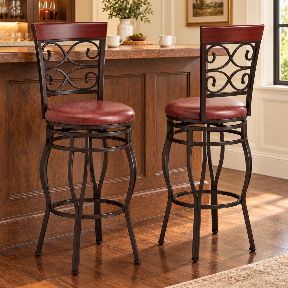 30-Inch Scroll-Back Swivel Bar Stools, Set of 2, Brown