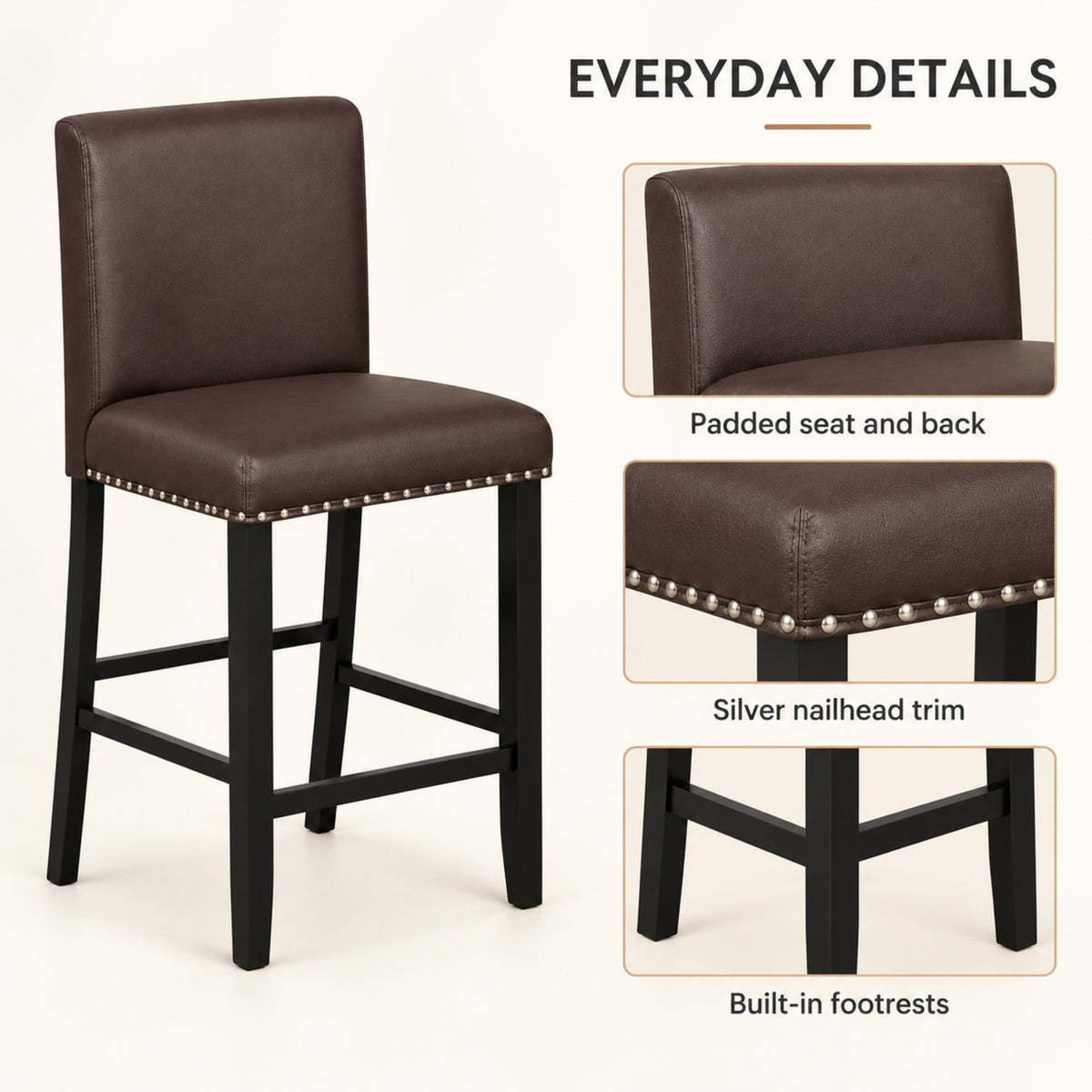 25.5-Inch Upholstered Counter Stools, Set of 2, Brown