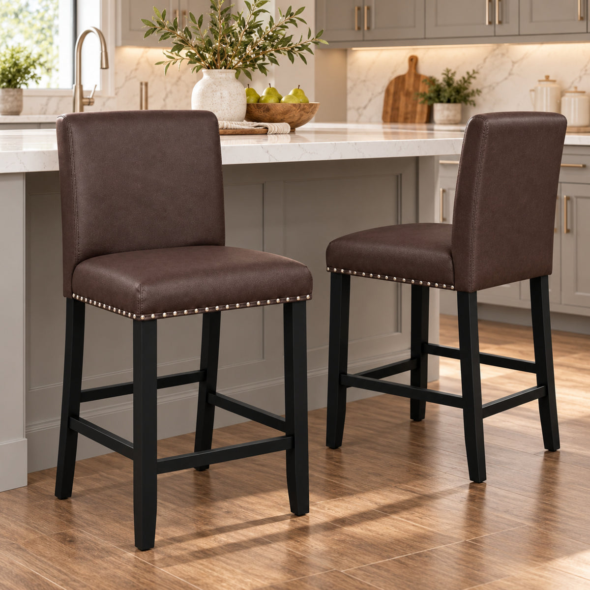 25.5-Inch Upholstered Counter Stools, Set of 2, Brown
